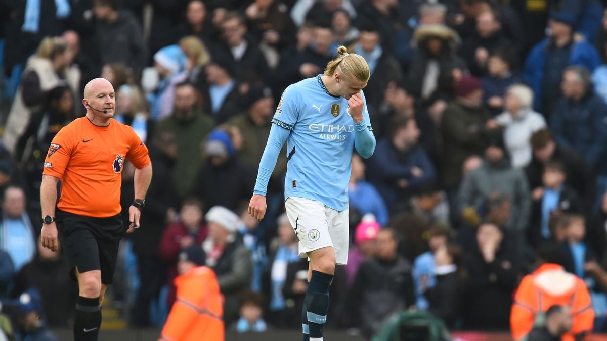 PAP/EPA / Peter Powell / Erling Haaland w meczu Manchester City - Everton