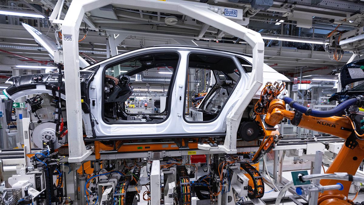 The body of a Volkswagen AG (VW) ID.3 electric vehicle (EV) on the assembly line at the automaker's electric automobile plant in Zwickau, Germany, on Tuesday, April 26, 2022. The Zwickau assembly lines are the centerpiece of a plan by VW, the world's biggest automaker, to manufacture as many as 330,000 cars annually. Photographer: Krisztian Bocsi/Bloomberg via Getty Images