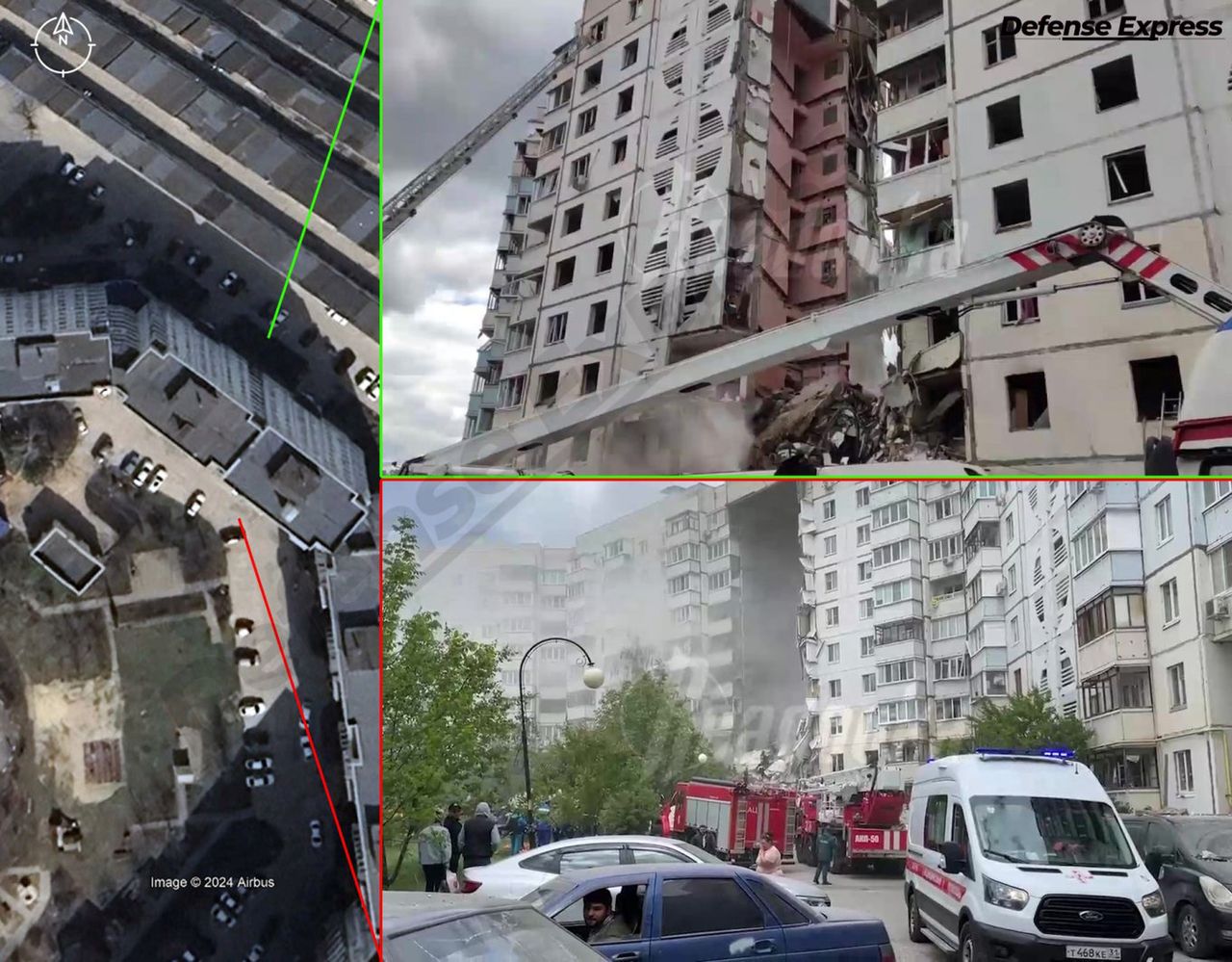 Eksperci z serwisu Defense Express sugerują, że budynek mógł zostać zniszczony przez pocisk wystrzelony z Rosji