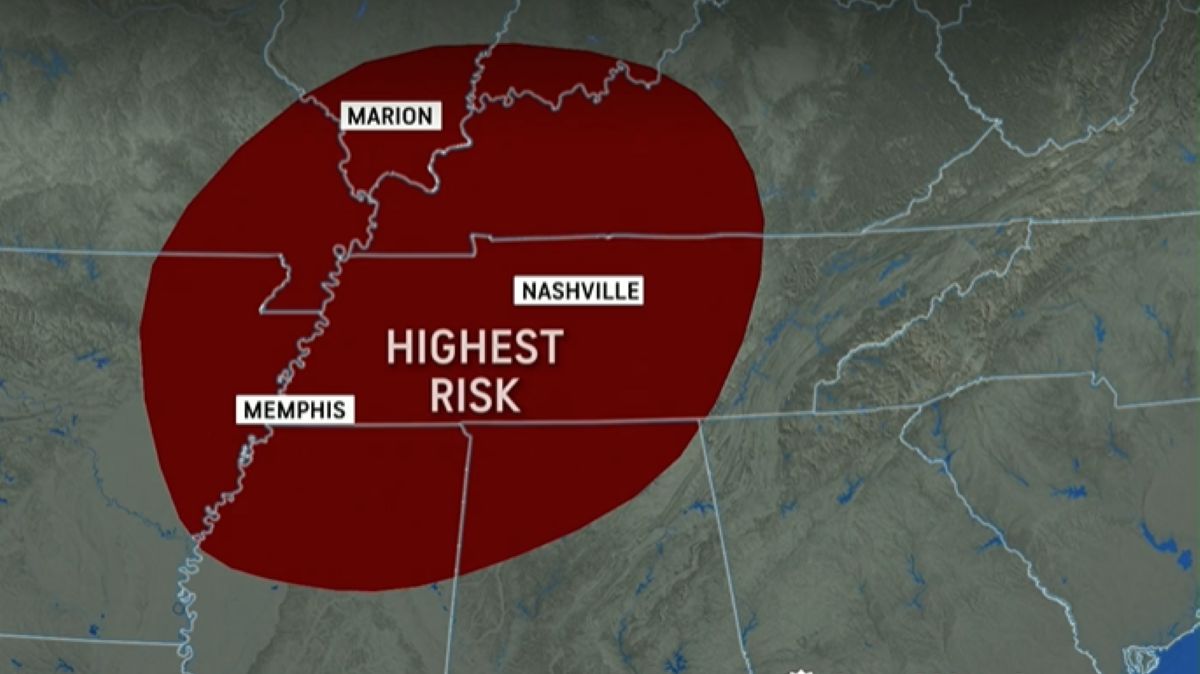 Obszar najbardziej zagrożony wystąpieniem tornad