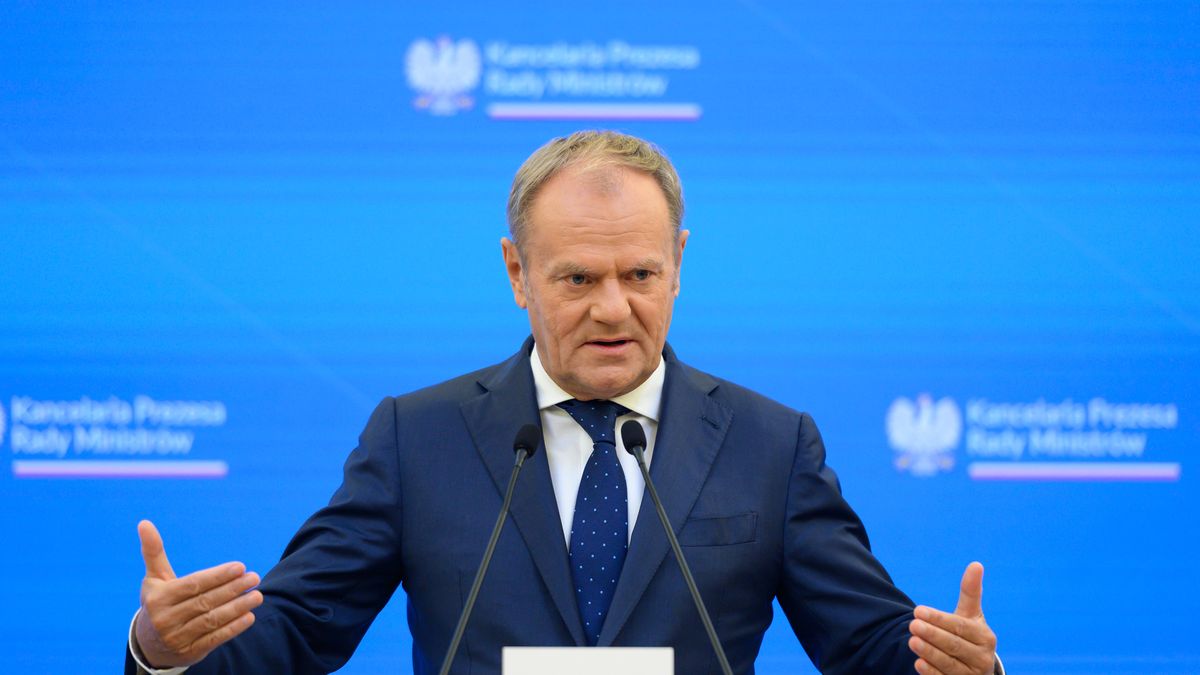 Polish Prime Minister Donald Tusk gestures as he takes part in a press briefing with Lithuania's Prime Minister Inga Ruginiene in Warsaw, Poland, on October 7, 2025. The main topics of the bilateral meeting are defense and security cooperation on the NATO eastern flank amid the ongoing Russian full-scale aggression on Ukraine, further support for Ukraine, and migration policy. (Photo by Aleksander Kalka/NurPhoto via Getty Images)
