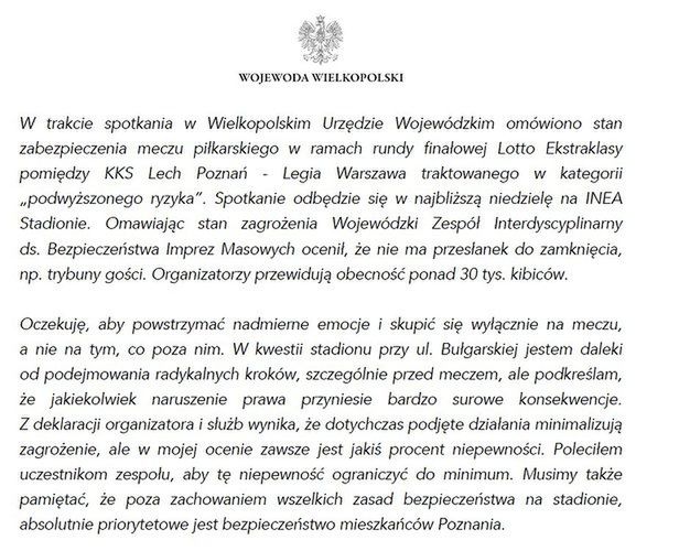 Oświadczenie wojewody wielkopolskiego Zbigniewa Hoffmanna