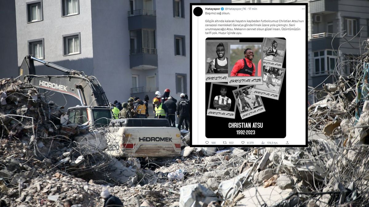 akcja poszukiwawcza w gruzach budynku, którym mieszkał Christian Atsu, na małym zdjęciu: wpis tureckiego klubu Hatayspor