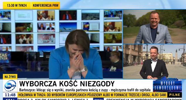 Wpadka na antenie TVN24. Atak śmiechu prowadzącej przy relacji o uderzeniu kością z zupy