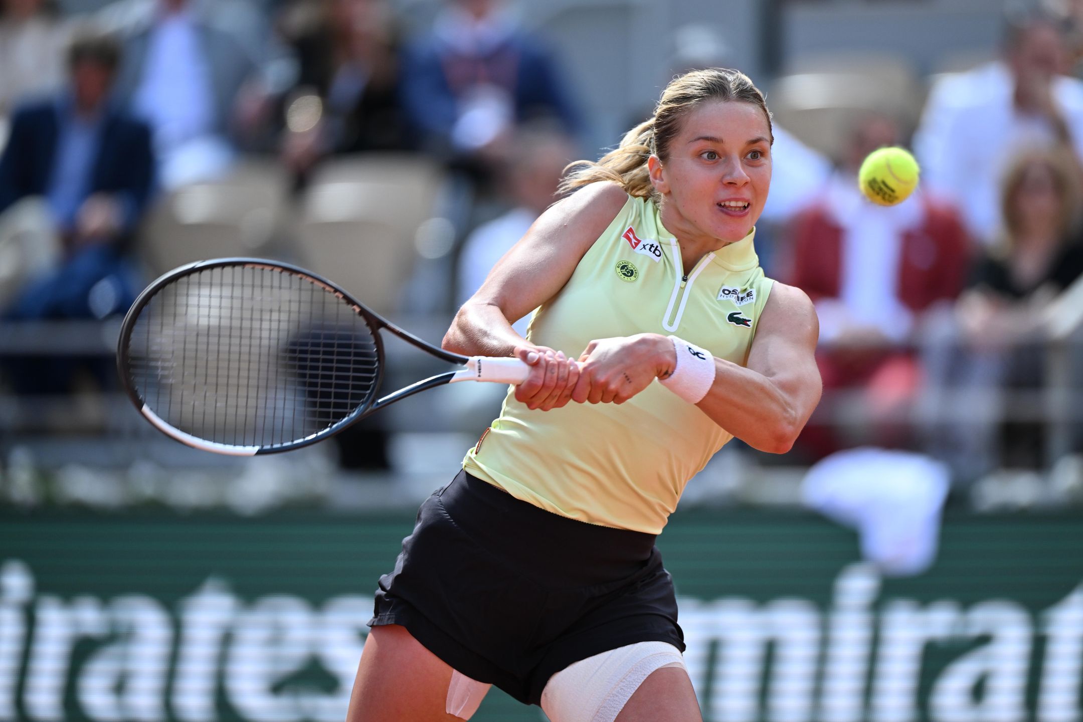 PARIS, FRANCE - JUNE 06: Maja Chwalinska of Poland in action against Mirra Andreeva (not seen) during the women's final singles match on day 14 of the French Open tennis tournament on Court Philippe-Chatrier at the Roland-Garros Complex in Paris, France on June 6, 2026. (Photo by Mustafa Yalcin/Anadolu via Getty Images)