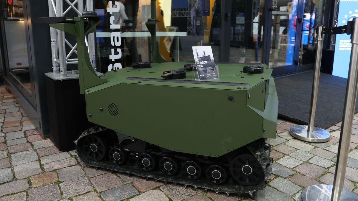BERLIN, GERMANY - NOVEMBER 18: A Gereon RCS unmanned ground vehicle (UGV) of ARX Robotics stands on display at the European Digital Sovereignty Summit on November 18, 2025 in Berlin, Germany. The summit is bringing together government and private sector digital affairs leaders to discuss policies towards European digital independence, security and competitiveness. (Photo by Sean Gallup/Getty Images)