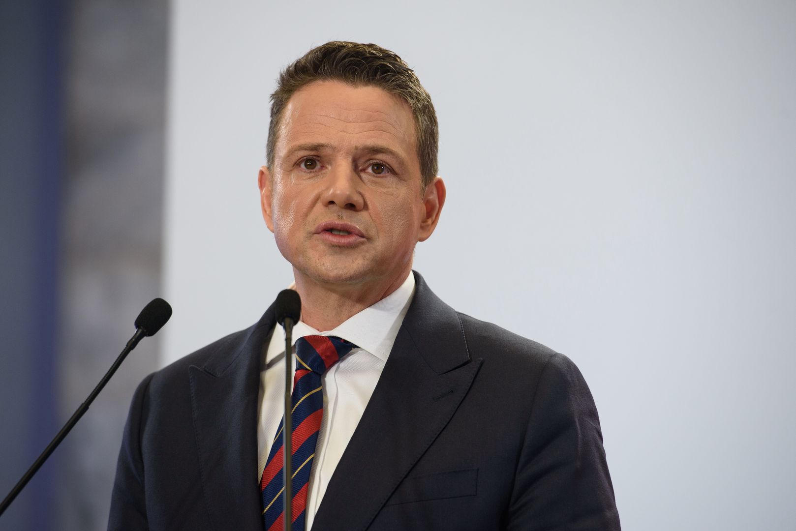 Warsaw Mayor and candidate for President of Poland Rafal Trzaskowski speaks during a Q&A session with the media in Warsaw, Poland on April 1, 2025. The Mayor of Warsaw, Rafal Trzaskowski took questions from the members of the media during the ongoing Presidential elections campaign. The first round of the presidential election will be held in Poland on 18 May 2025 and, if necessary, the second round will be held on 1 June 2025.