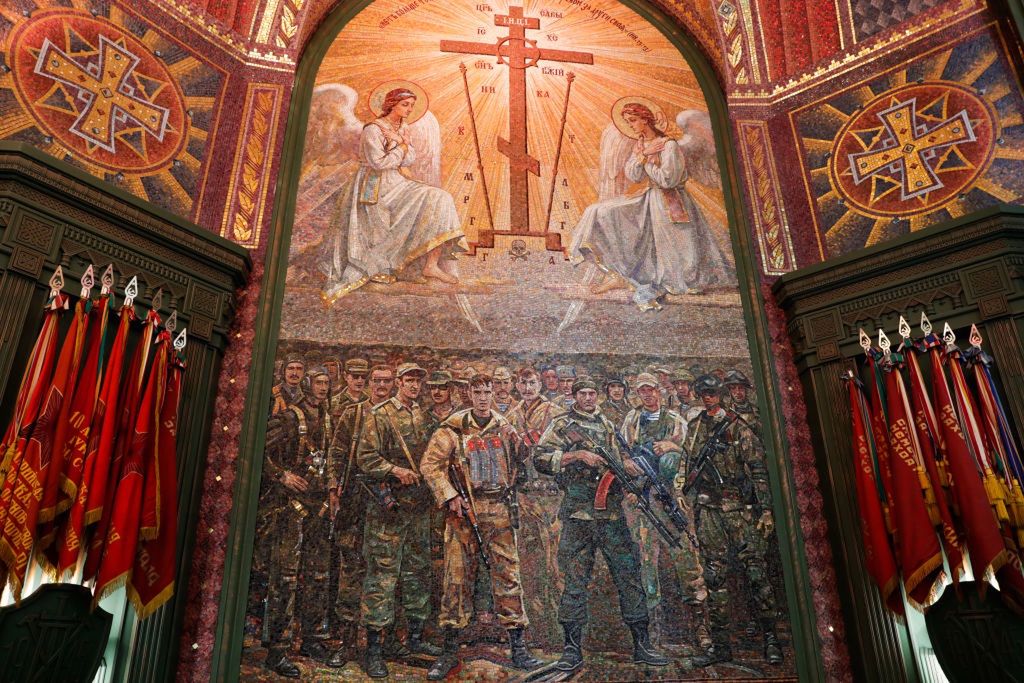 Main Cathedral of Russian Armed Forces consecrated in Kubinka outside MoscowMOSCOW REGION, RUSSIA - JUNE 14, 2020: A mosaic image at the Cathedral of the Resurrection of Christ, Main Cathedral of the Russian Armed Forces, consecrated in the town of Kubinka. The cathedral and the adjacent museum were built in Patriot Park to mark the 75th anniversary of the victory in World War II. Initially, the consecration ceremony was to take place on May 9, but had to be rescheduled due to the ongoing COVID-19 pandemic. Mikhail Metzel/TASS (Photo by Mikhail Metzel\TASS via Getty Images)Mikhail Metzelrussian army, russian orthodox church, painting, interior