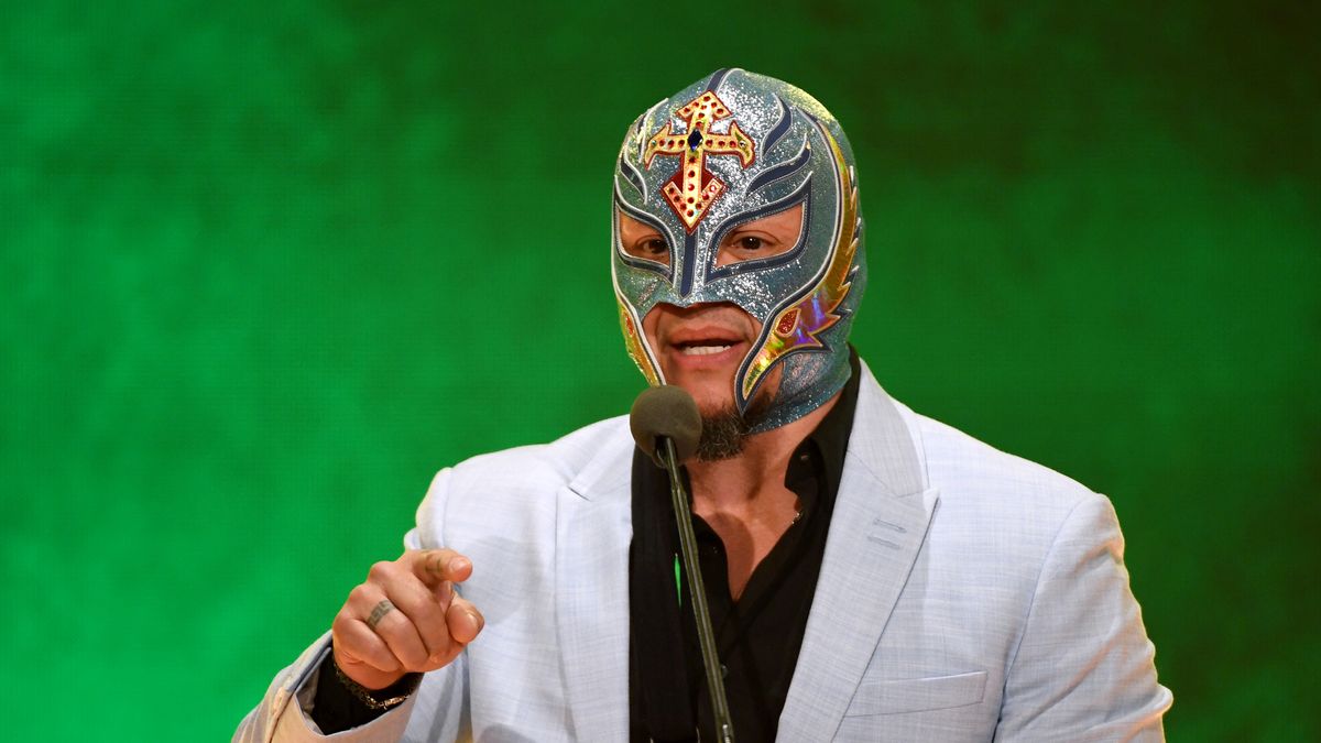 LAS VEGAS, NEVADA - OCTOBER 11:  WWE wrestler Rey Mysterio speaks at a WWE news conference at T-Mobile Arena on October 11, 2019 in Las Vegas, Nevada. It was announced that WWE wrestler Braun Strowman will face heavyweight boxer Tyson Fury and WWE champion Brock Lesnar will take on former UFC heavyweight champion Cain Velasquez at the WWE's Crown Jewel event at Fahd International Stadium in Riyadh, Saudi Arabia on October 31.  (Photo by Ethan Miller/Getty Images)