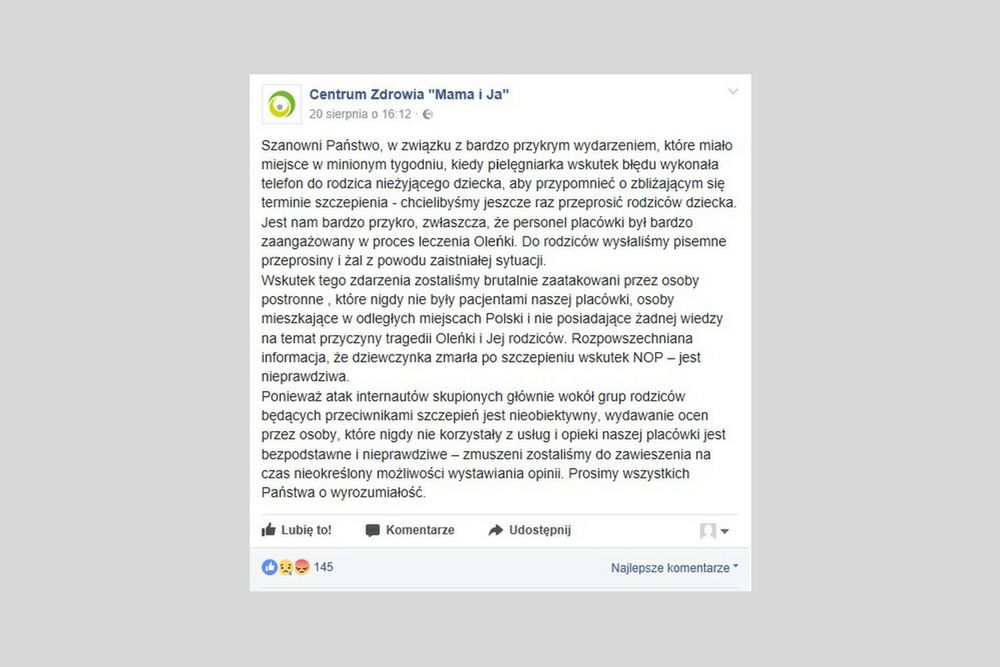Przychodnia opublikowała przeprosiny w mediach społecznościowych