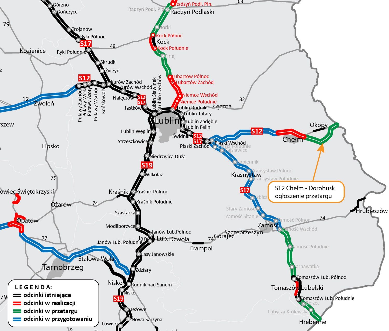 Mapa planowanego odcinka drogi ekspresowej S12 Piaski - Dorohusk