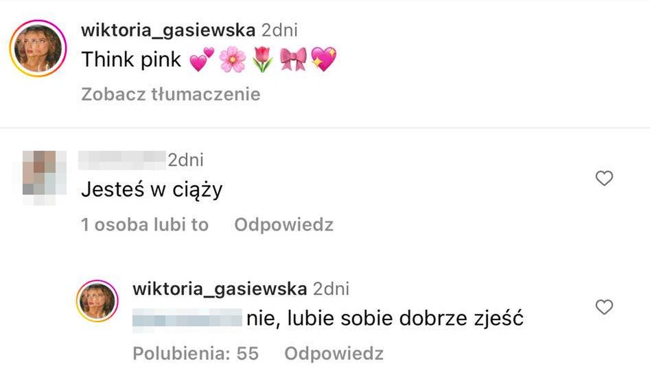 Komentarz na profilu Wiktorii Gąsiewskiej