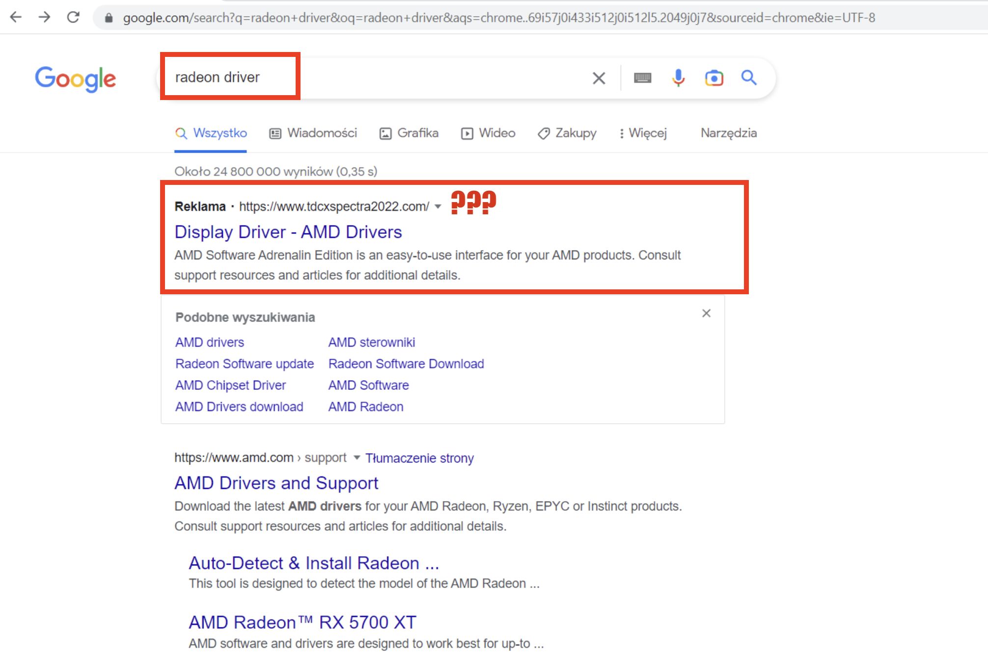 Wynik wyszukiwania z fałszywą stroną u góry