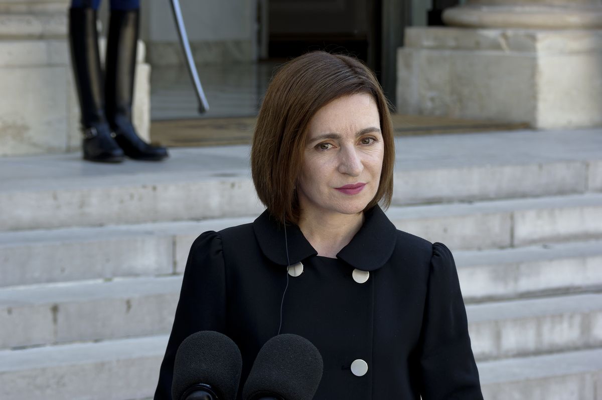 Moldova's President Maia Sandu listens the welcome speech of the France's President Emmanuel Macron at the presidential Elysee Palace in Paris - May 19, 2022. , Paris (Photo by Daniel Pier/NurPhoto via Getty Images)