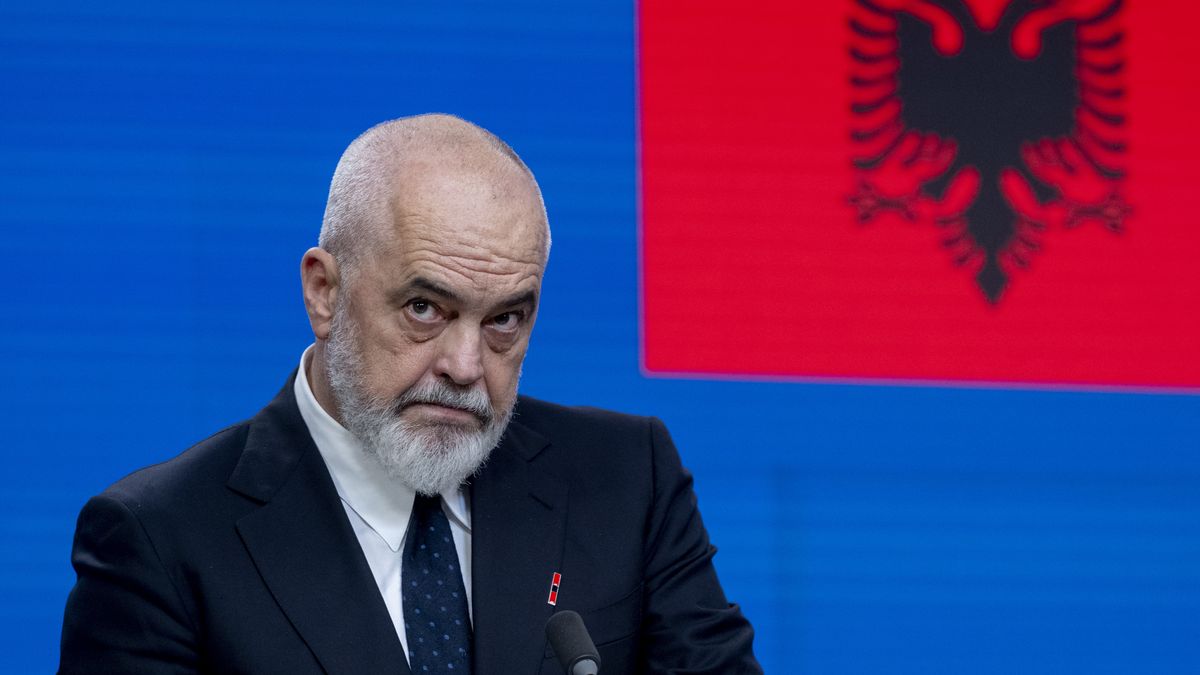 Edi Rama, Prime Minister of Albania, speaks during a press conference following the EU-Albania Intergovernmental Conference in Brussels, Belgium, on May 26, 2026. (Photo by Daniel Gnap/NurPhoto via Getty Images)