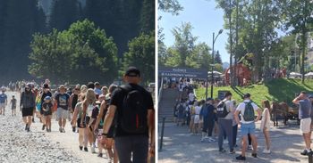 Morze turystów w Dolinie Kościeliskiej w Tatrach. Kolejka gigant w Kuźnicach