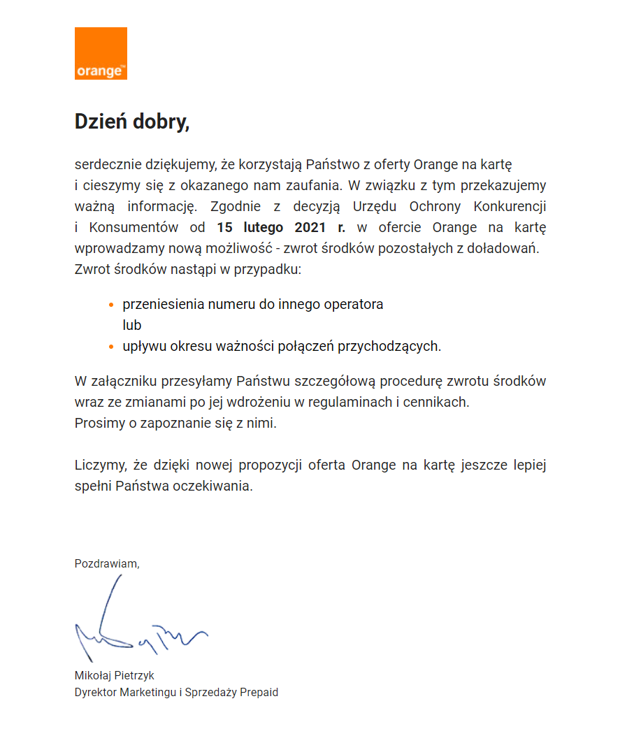 Orange informuje swoich klientów mailowo o zachodzących zmianach, fot. Oskar Ziomek.