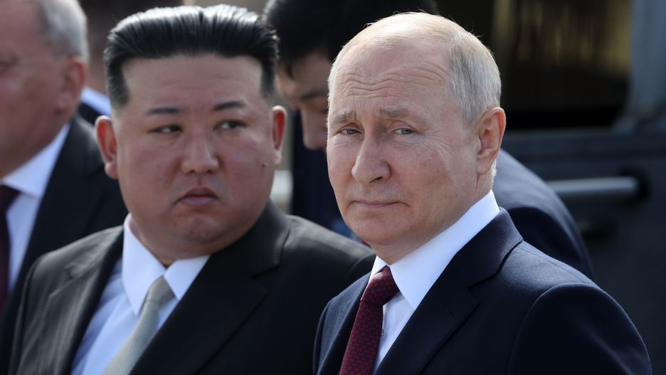 TSIOLKOVSKY, RUSSIA - SEPTEMBER 13: (RUSSIA OUT) Russian President Vladimir Putin (R) and North Korean leader Kim Jong-un (L) visit a construction site of the Angara rocket launch complex on September 13, 2023 in Tsiolkovsky, Russia. North Korean leader Kim Jong-un is in Russia for talks with Russian President Putin. (Photo by Contributor/Getty Images)