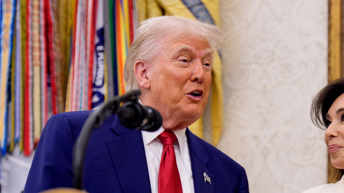 WASHINGTON, DC - MAY 28: U.S. President Donald Trump speaks during a swearing in ceremony for interim U.S. Attorney for Washington, D.C. Jeanine Pirro in the Oval Office of the White House on May 28, 2025 in Washington, DC. Trump has announced Pirro, a former Fox News personality, judge, prosecutor, and politician, after losing support in the Senate for his first choice, Ed Martin, over his views on the January 6, 2021 attack on the U.S. Capitol. (Photo by Andrew Harnik/Getty Images)