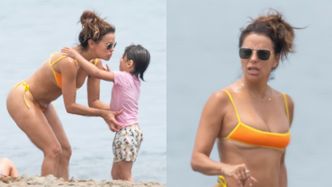 Eva Longoria hasa po plaży w żółto-pomarańczowym bikini, bawiąc się przy okazji z synem (ZDJĘCIA)