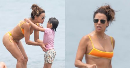 Eva Longoria hasa po plaży w żółto-pomarańczowym bikini, bawiąc się przy okazji z synem (ZDJĘCIA)