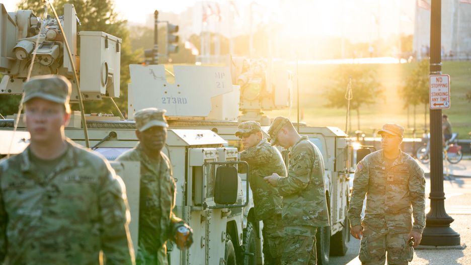 WASHINGTON, DC - August 12 - Members of the D.C. National Guard on Jefferson Drive SW in Washington, D.C. on Aug. 12. President Donald Trump held a news conference the previous day in which he said D.C. was marked by "complete and total lawlessness." (Photo by Peter W. Stevenson/The Washington Post via Getty Images)