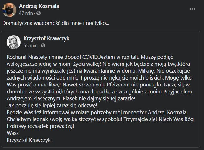 Krzysztof Krawczyk trafił do szpitala - informację udostępnił jego menedżer, Andrzej Kosmala