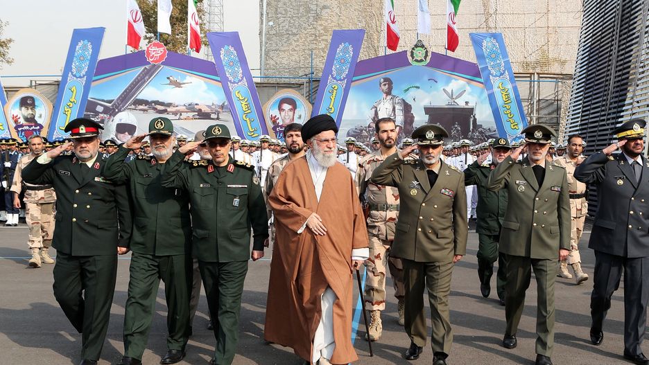 TEHRAN, IRAN - ARCHIVE: (----EDITORIAL USE ONLY - MANDATORY CREDIT - 'IRANIAN LEADER PRESS OFFICE / HANDOUT' - NO MARKETING NO ADVERTISING CAMPAIGNS - DISTRIBUTED AS A SERVICE TO CLIENTS----) A file photo dated October 30, 2019 shows Iranian Supreme Leader Ali Khamenei (C) and Commander-in-chief of the Islamic Revolutionary Guard Corps, Hossein Salami (2nd L) attending the graduation ceremony for the students of the Hatam al-Anbiya Air Defense University in Tehran, Iran. (Photo by Iranian Leader Press Off. / Handout/Anadolu via Getty Images)