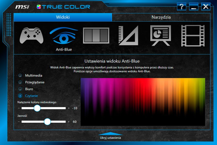 MSI PE70 2QE wyposażony jest w oprogramowanie True Color, które umożliwia włączenie profili przeznaczonych do gier, filmów czy czytania. Punkt bieli D65 prawidłowo odwzorowuje barwy, natomiast przy czytaniu tekstu bardziej męczy i niszczy wzrok. Do pracy, gdzie kolor nie ma krytycznego znaczenia, warto przełączyć się w tryb o zmniejszonej ilości niebieskiego, co pozytywnie przełoży się na komfort naszych oczu. Dodatkowo, do gier czy filmów, nie potrzebujemy dokładnej kalibracji, a bardziej nasyconych kolorów i większego kontrastu, a oprogramowanie True Color pozwala nam na szybką zmianę wyglądu obrazu,