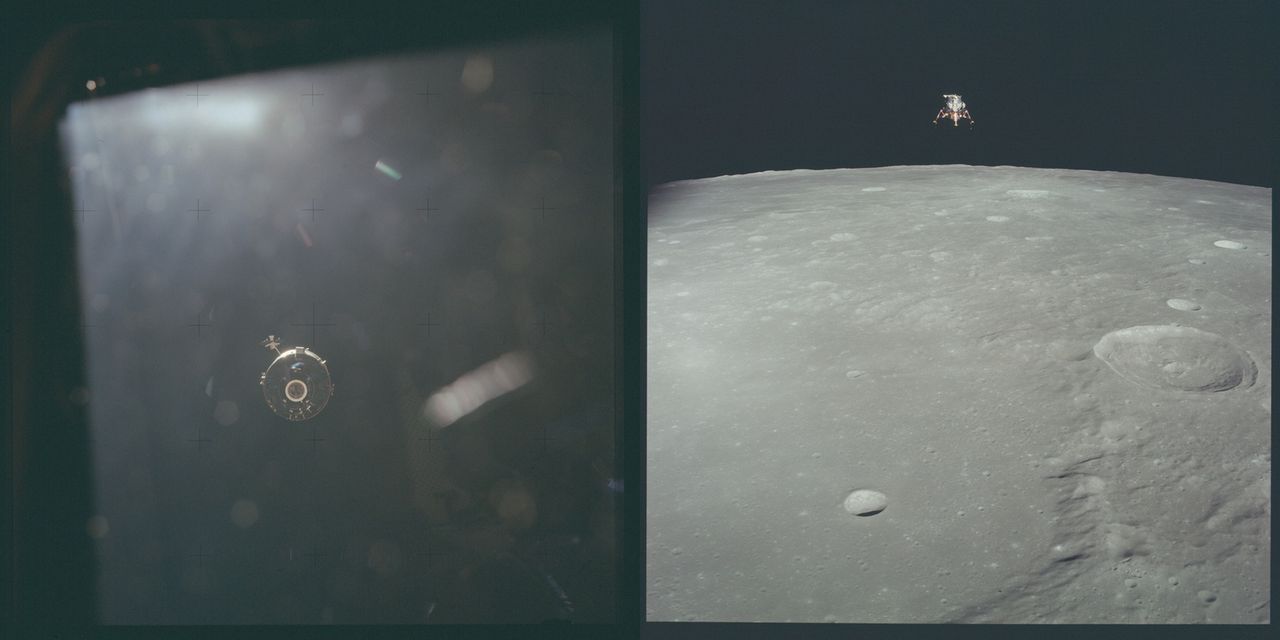 Orbiter i lądownik misji Apollo 12 nad Księżycem.