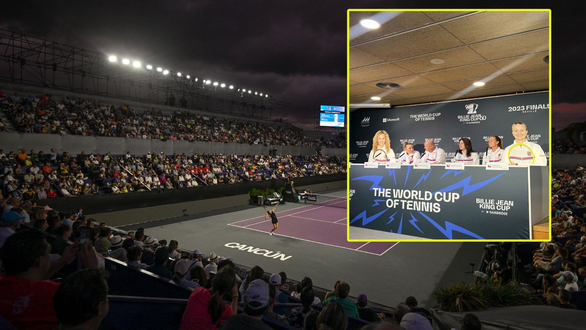 Na dużym zdjęciu: Ujęcie z meczu WTA Finals (Getty Images), w ramce: konferencja prasowa reprezentacji Czech przed Billie Jean King Cup (Twitter)