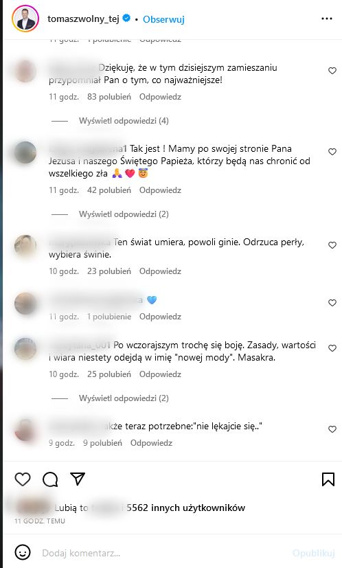 Komentarze pod papieskim postem na profilu Tomasza Wolnego 