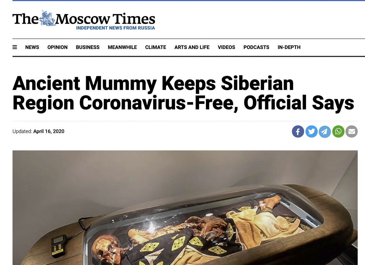 "The Moscow Times" poświęcił mumii z Syberii i jej rzekomo wyjątkowej mocy odstraszania wirusa COVID-19, pierwszą stronę wydania w kwietniu 2020 roku