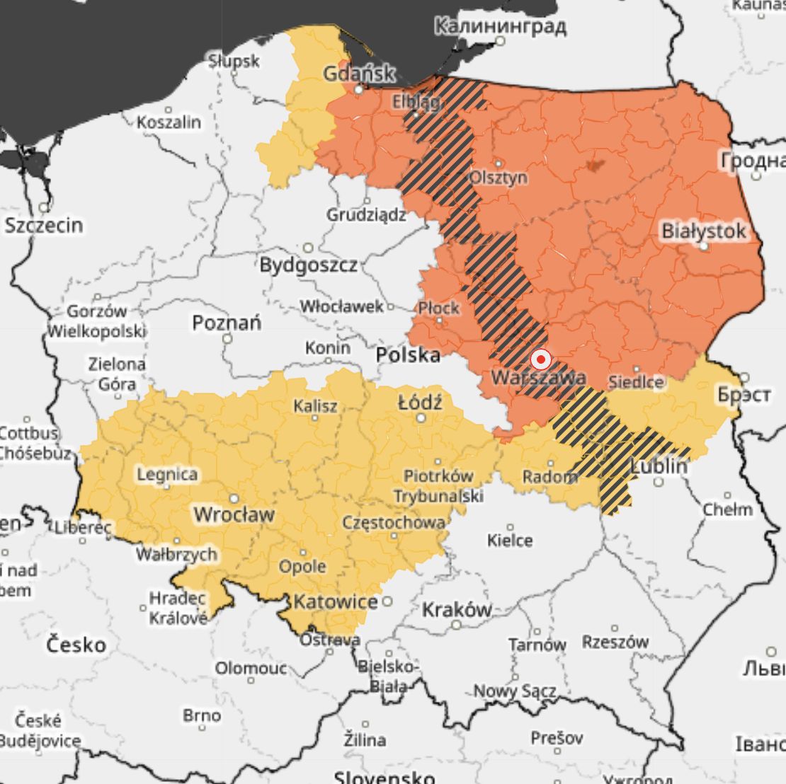 Mapa zagrożeń i ostrzeżeń IMGW - 22 sierpnia 2026
