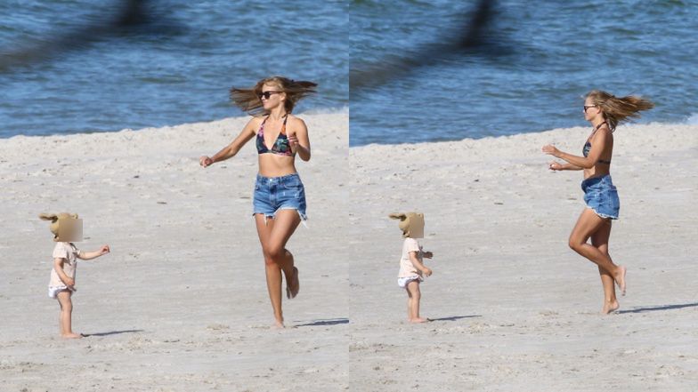 Agnieszka Kaczorowska z rodziną na plaży