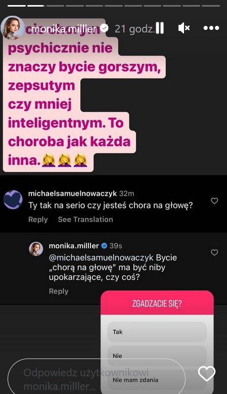 Screen z InstaStory Moniki Miller