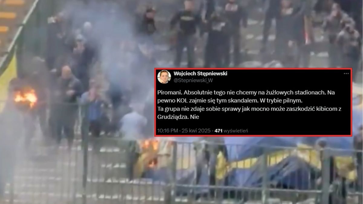 Materiały prasowe / x.com/hubis25 i x.com/Stepniewski_W / Na zdjęciu: Ogień w sektorze kibiców GKM-u i tweet prezesa Speedway Ekstraligi