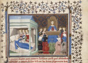 Fragment iluminacji z Le Livre des trois Vertus (ok. 1405), przedstawiający Christine wraz z personifikacjami Cnoty, Rozumu i Sprawiedliwości