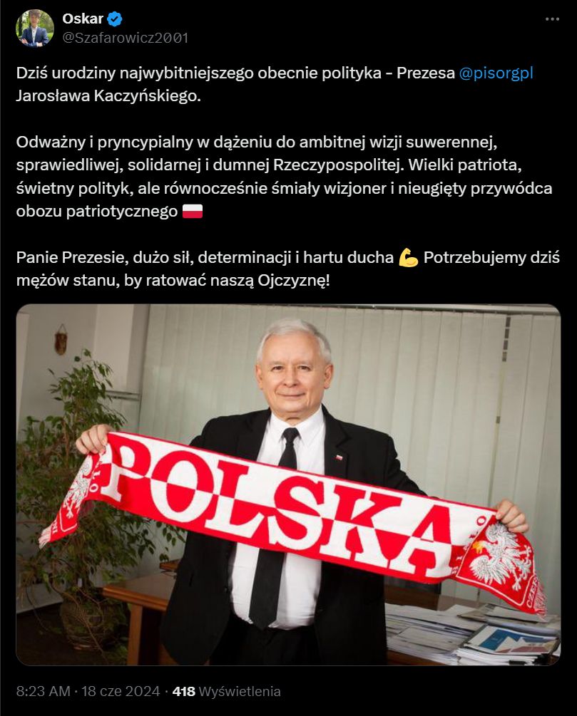 Oskar Szafarowicz złożył życzenia Jarosławowi Kaczyńskiemu z okazji urodzin