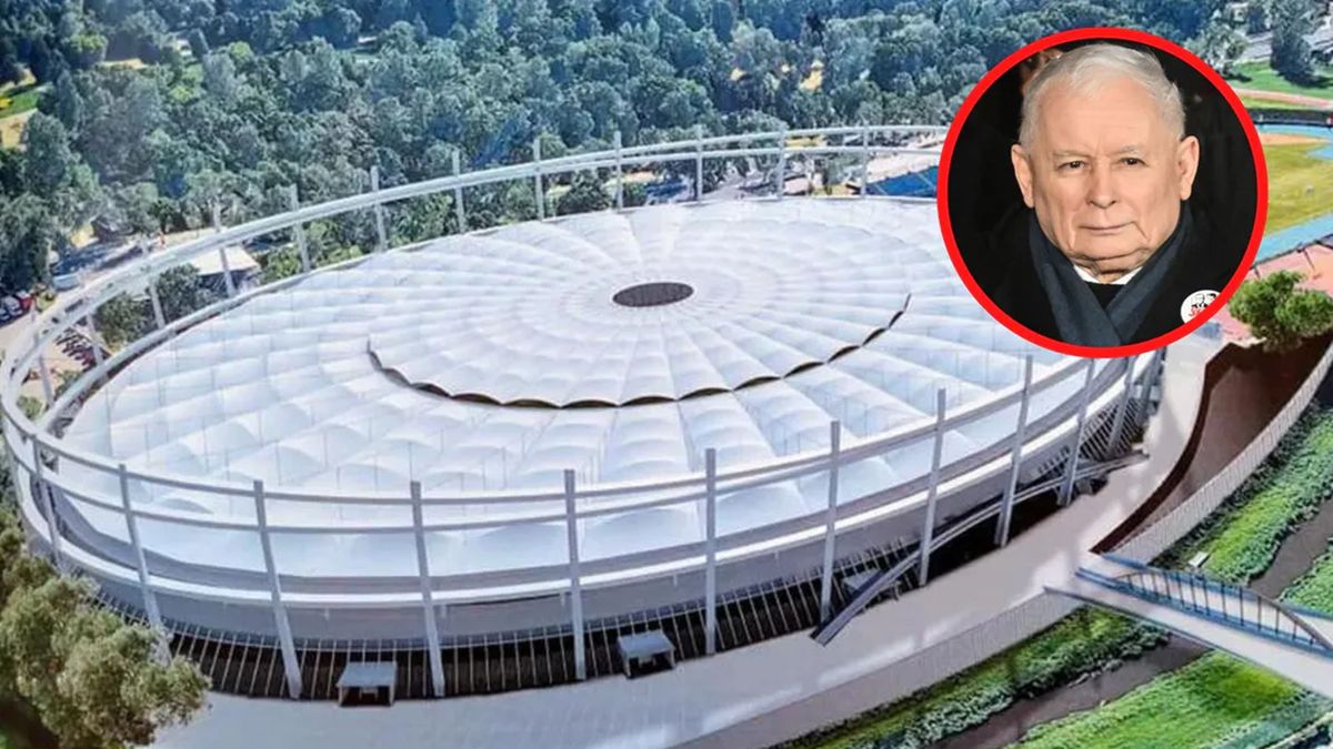 Getty Images / Materiały prasowe Miasta Lublin / Na zdjęciu: Projekt stadionu wielofunkcyjnego z funkcją żużla w Lublinie, w kółku Jarosław Kaczyński.