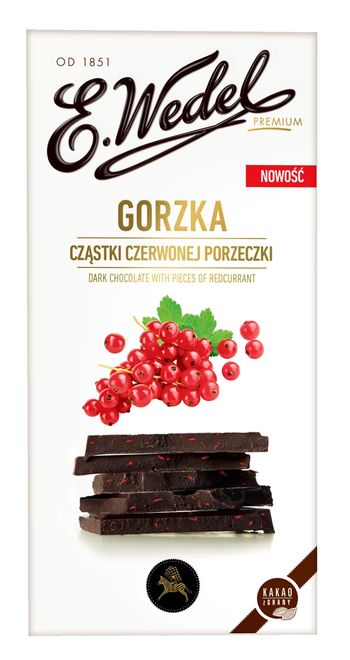 Czekolada Gorzka Premium z cząstkami czerwonej porzeczki Gramatura: 100g Sugerowana cena: 7,99 zł 