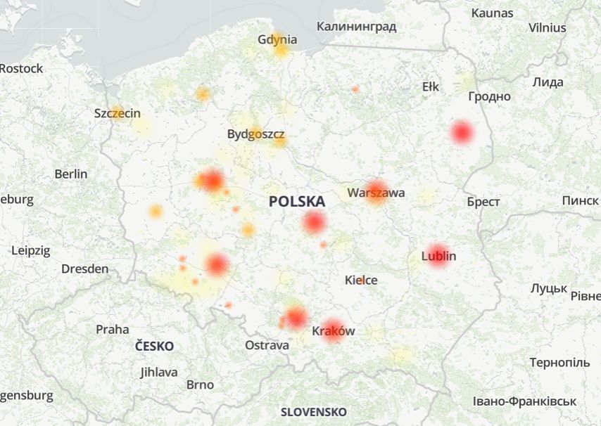 Mapa zgłoszeń awarii w banku Santander