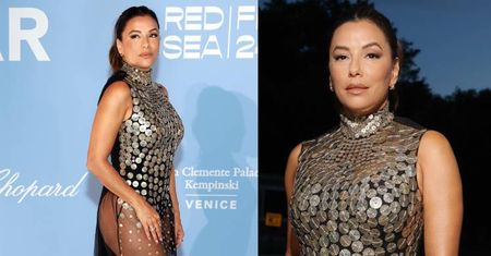 Eva Longoria w srebrnej zbroi gra zgrabną nogą na Festiwalu Filmowym w Wenecji. Klasa? (ZDJĘCIA)
