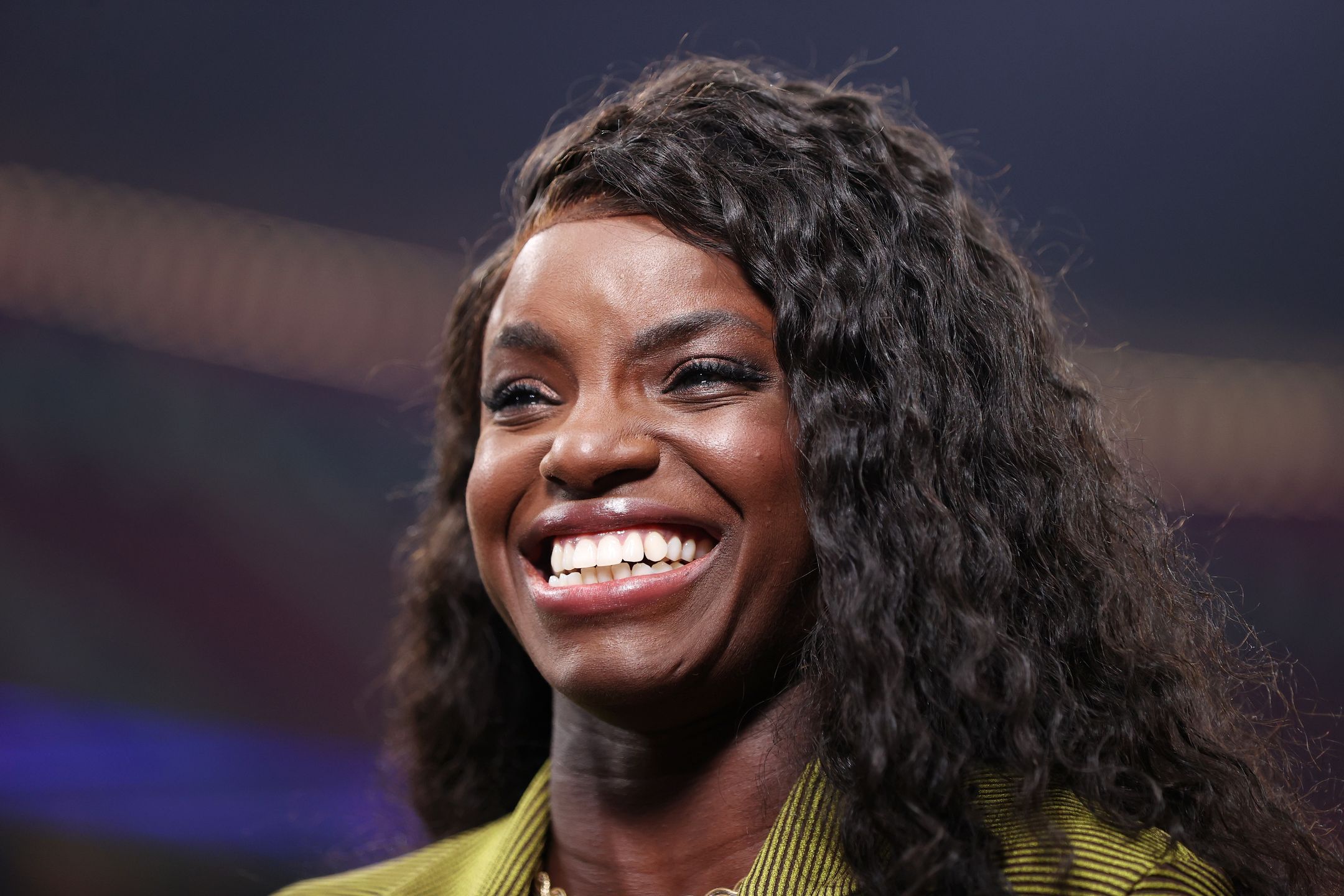 AL KHOR, QATAR - DECEMBER 10: Eni Aluko looks on prior to the FIFA World Cup Qatar 2022 quarter final match between England and France at Al Bayt Stadium on December 10, 2022 in Al Khor, Qatar. (Photo by Alex Pantling - The FA/The FA via Getty Images)