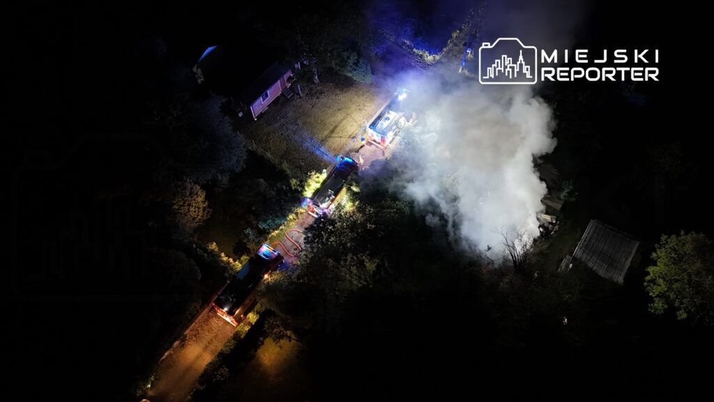 Strażacy gaszą pożar w zacisznym terenie, w otoczeniu drzew i domków, wśród gęstego dymu.