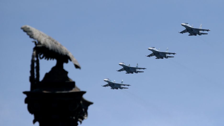 SEVASTOPOL, RUSSIA - JULY 24, 2020: Sukhoi Su-27UB jet fighters take part in the dress rehearsal of a military parade to mark Russian Navy Day. Sergei Malgavko/TASS (Photo by Sergei Malgavko\TASS via Getty Images)