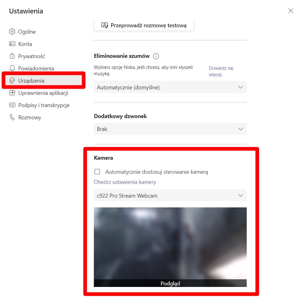 Microsoft Teams - ustawienia kamery