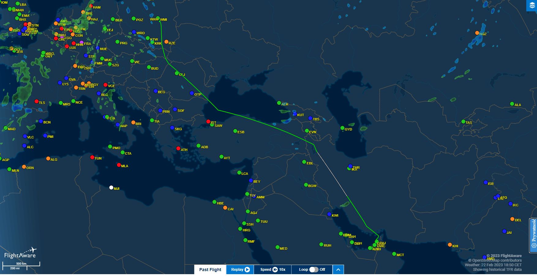 Faktyczna trasa przelotu z Dubaju do Warszawy