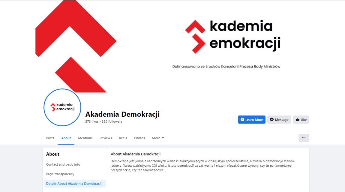 Profil Akademii Demokracji na FB. "Startowa treść metytoryczna".