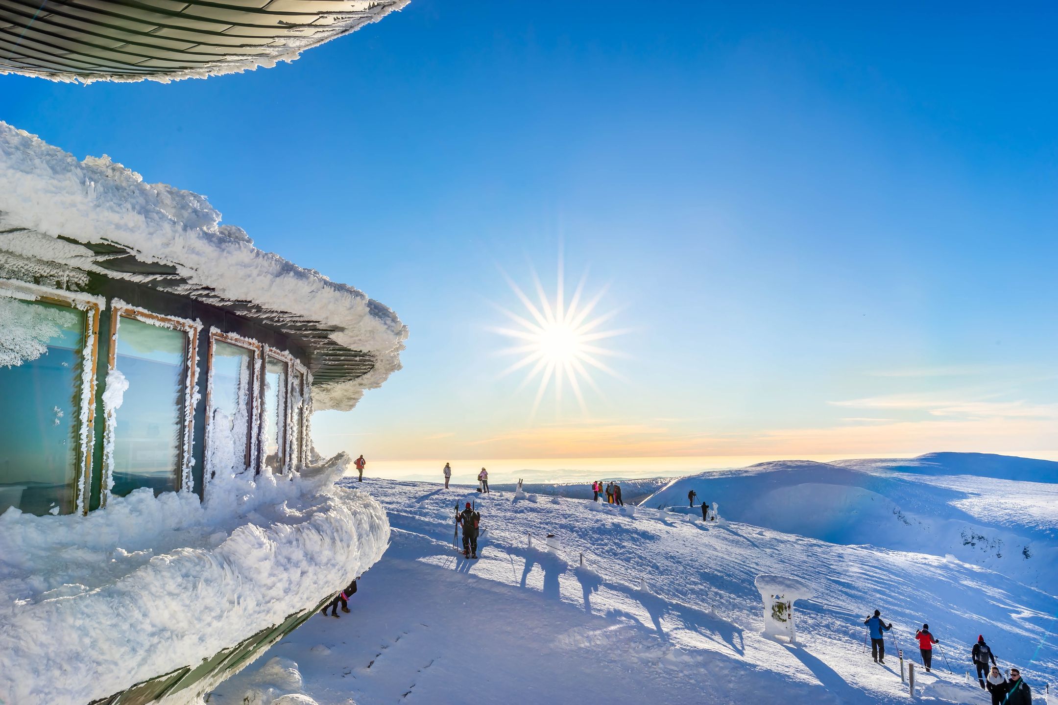 landmark, karkonoski, park, czech republic, sudety, sudetes, giant mountains, national park, giant, polish, karkonosze, architecture, karpacz, sniezka, building, poland, europe, hill, famous, snezka, top, mount, meteorological, scenery, trekking, landscape, snow, mountain, winter, travel, nature, sky, blue, white, beautiful, cold, view, outdoor, tourism, peak, season, background, vacation, ice, high, scenic, rock, outdoors, panorama, mountains